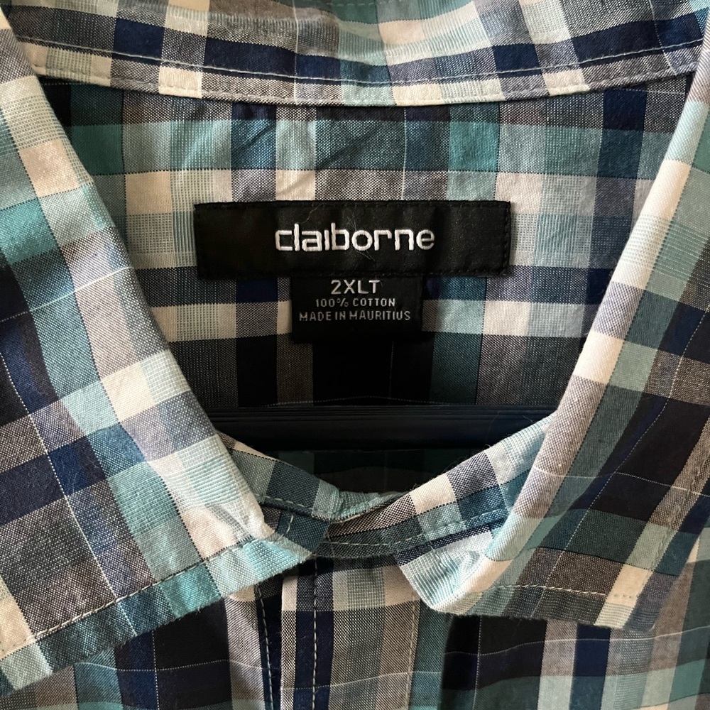Claiborne Men’s Plaid Button‑Up Shirt | 2XLT | Blue & White | Short Sleeve - Picture 3 of 5
